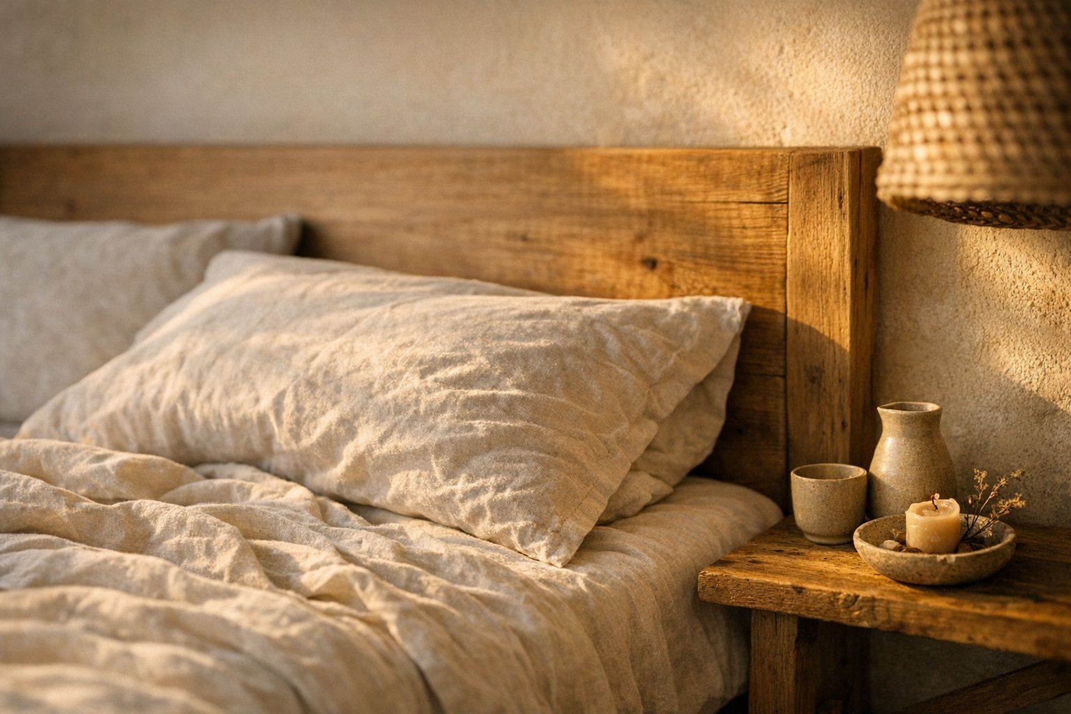 Le linge, la lumière et le bois : trio simple pour une chambre accueillante