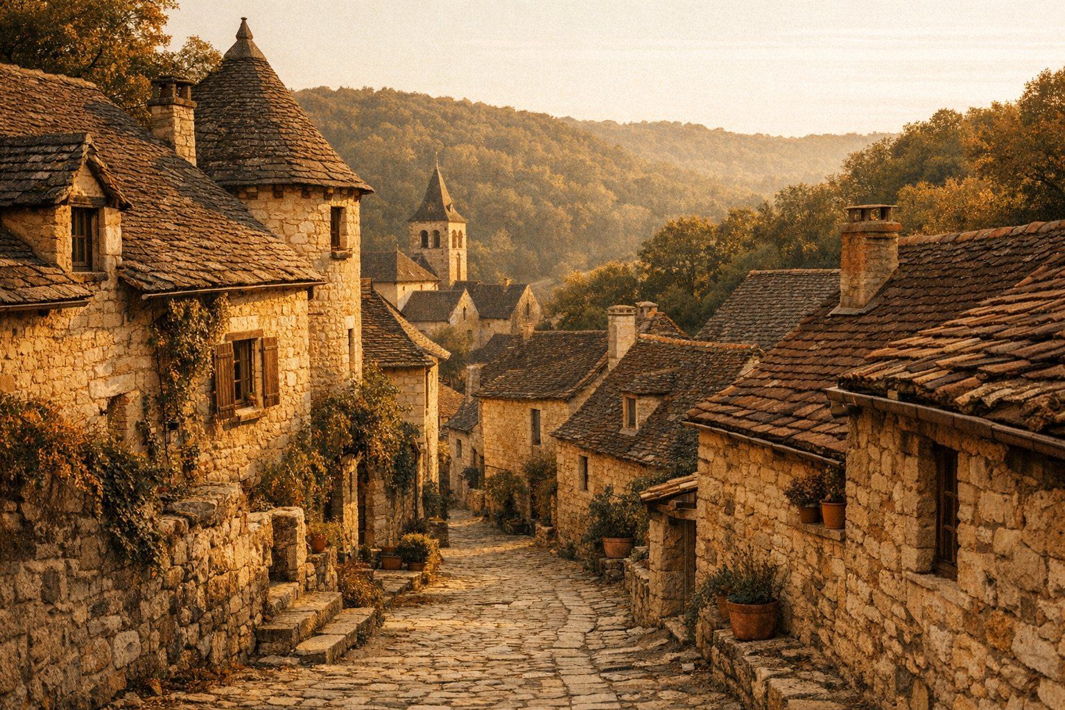 Village de pierre du Périgord à la lumière dorée, sous les châtaigniers