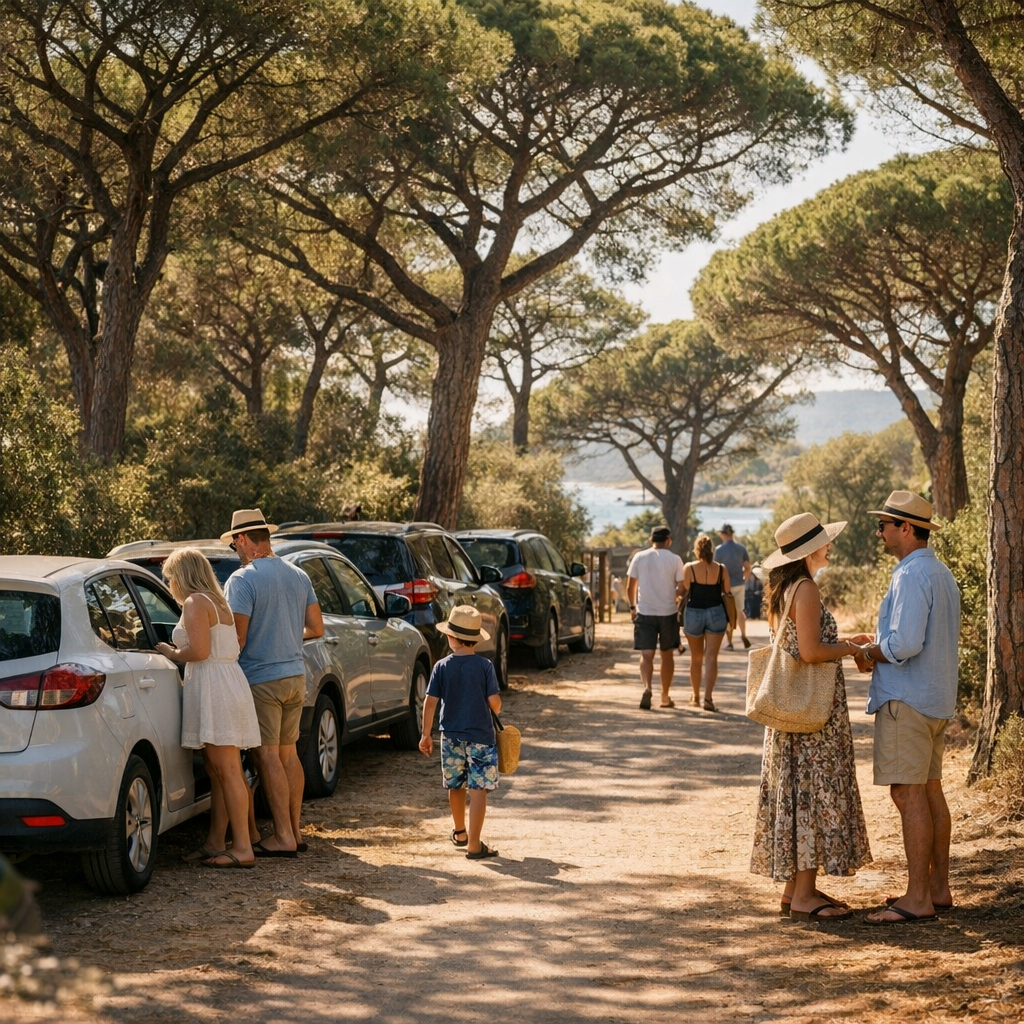 Stationnement, affluence et bonnes manières sous les pins
